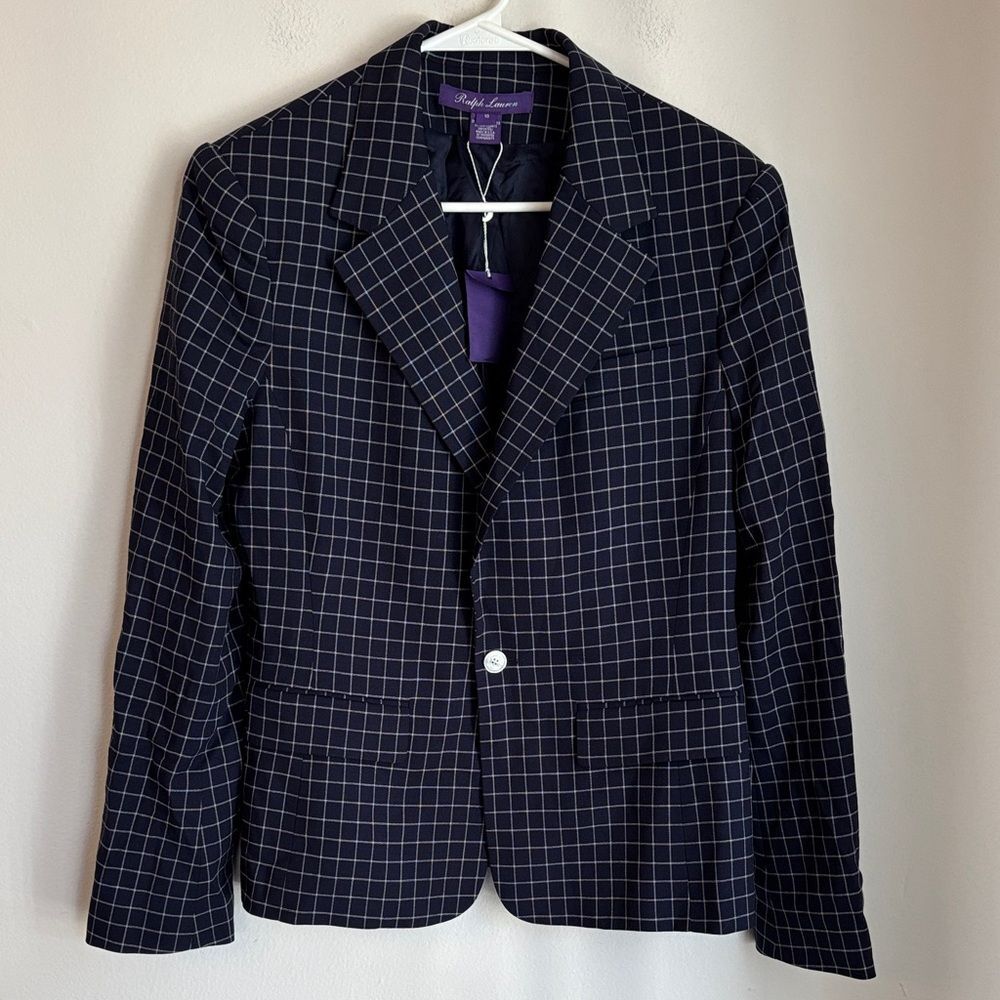 Ralph Lauren Womens purple label 100% wool Navy Blazer Windowpane Grid Sz 10 NWT